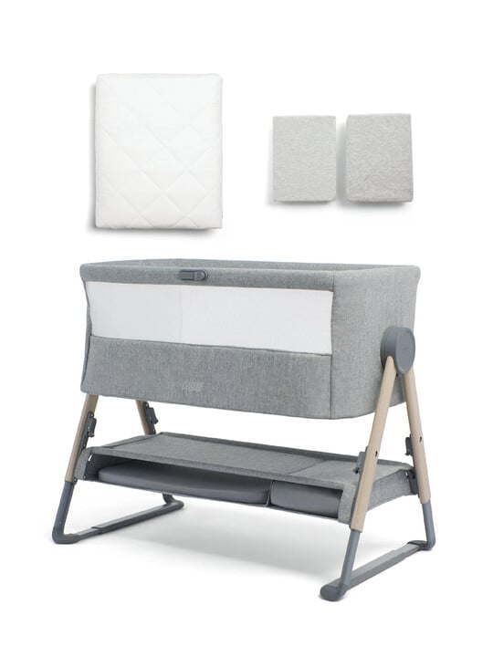 Lua Bedside Crib Bundle Grey with Mattress Protector & Fitted Sheets - Stripe / Grey image number 1